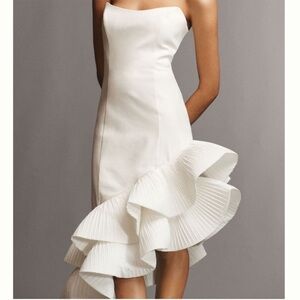 BHLDN Strapless White Ruffle-Hem Midi Dress